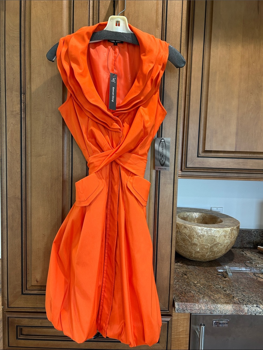 Samuel Dong Vibrant Orange Draped Cowl Mini Dress